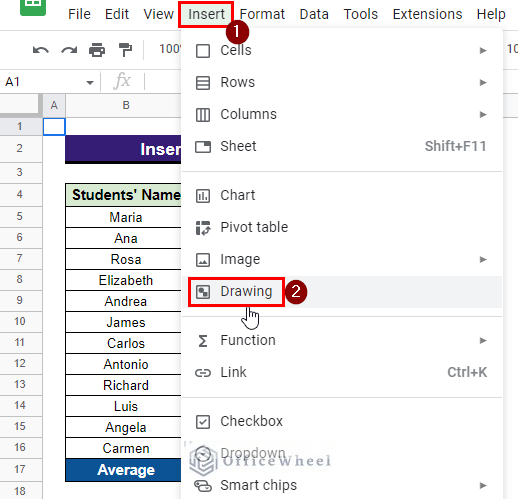 using drawing tool from the toolbar to insert button in google sheets